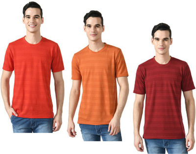KAVYA Striped Men Round Neck Red, Maroon, Orange T-Shirt