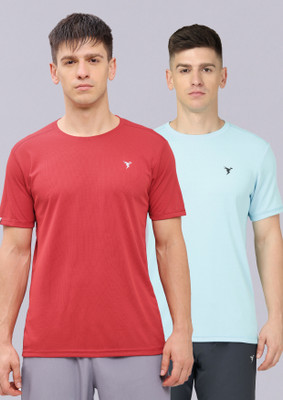 TECHNOSPORT Solid Men Round Neck Blue, Red T-Shirt