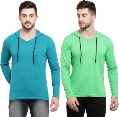 Tresna Fab Solid Men Hooded Neck Blue, Green T-Shirt