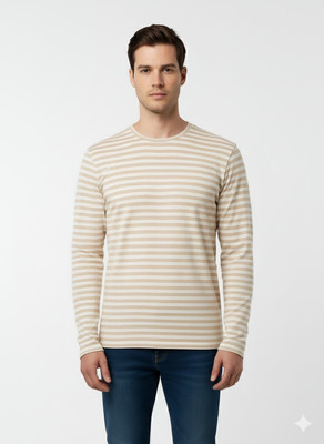 Enigmatic Striped Men Round Neck Brown T-Shirt