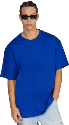 Leotude Solid Men Round Neck Blue T-Shirt
