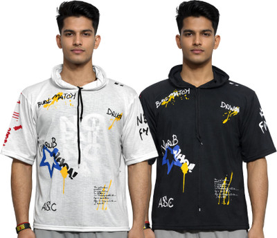 Expert Choice Typography Men Hooded Neck Black, White T-Shirt