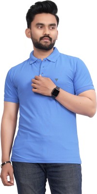 More & More Solid Men Polo Neck Blue T-Shirt