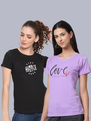 HouseOfCommon Typography Women Round Neck Multicolor T-Shirt