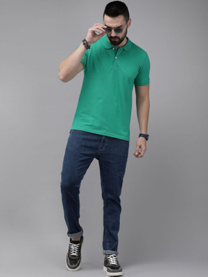 Roadster Solid Men Polo Neck Green T-Shirt