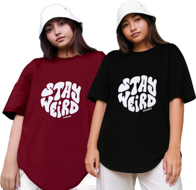 R S Fashion Printed Women Round Neck Maroon, Black T-Shirt