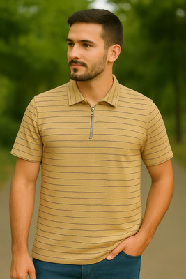 METRONAUT Striped Men Zip Neck Yellow T-Shirt