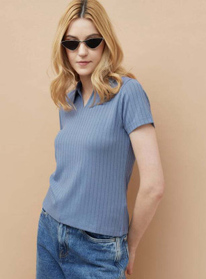 Fame Forever by Lifestyle Solid Women Polo Neck Blue T-Shirt