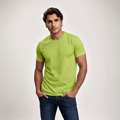 MOJILO Solid Men Round Neck Light Green T-Shirt