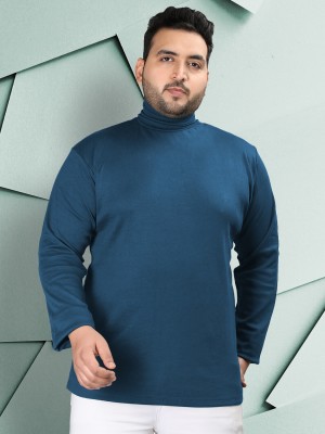 CHKOKKO Solid Men Turtle Neck Dark Blue T-Shirt