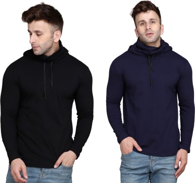 GEUM Solid Men Hooded Neck Dark Blue, Black T-Shirt