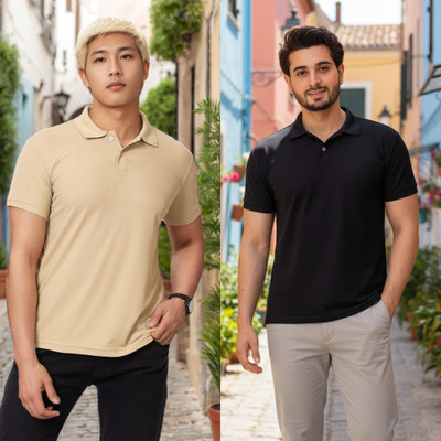 HILFIRE REGION Solid Men Polo Neck Beige, Black T-Shirt