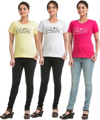 STYLE AK Printed Women Round Neck Yellow, White, Pink T-Shirt