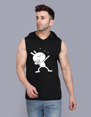 SLOWLORIS Printed Men Hooded Neck Black T-Shirt