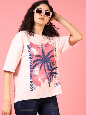 V-MART Printed Women Round Neck Pink T-Shirt