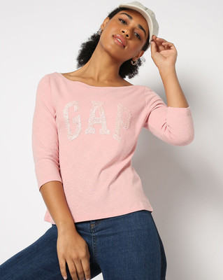 GAP Solid Women Boat Neck Pink T-Shirt