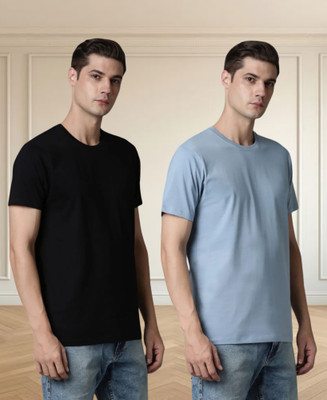 Vontade Solid Men Round Neck Light Blue, Black T-Shirt