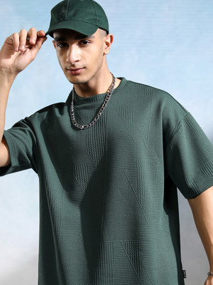 HIGHLANDER Self Design Men Round Neck Green T-Shirt