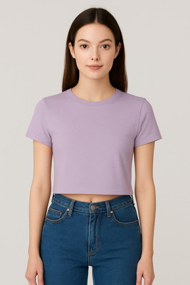 OKAMINOAKZI Solid Women Round Neck Purple T-Shirt