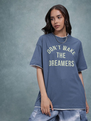 Roadster Printed Women Round Neck Blue T-Shirt