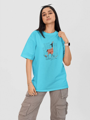 Moda Rapido Printed Women Round Neck Blue T-Shirt