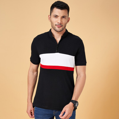 PEOPLE Printed Men Mandarin Collar Black T-Shirt