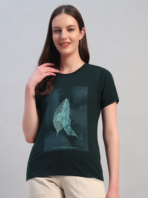 CANTABIL Printed Women Round Neck Dark Green T-Shirt