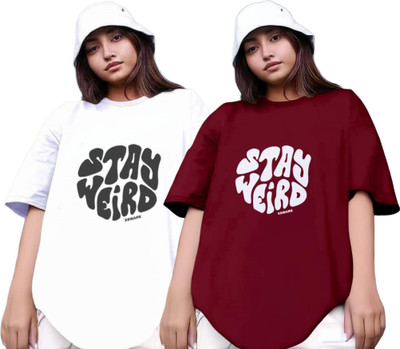 R S Fashion Printed Women Round Neck White, Maroon T-Shirt