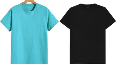 P collection Solid Men Round Neck Light Blue, Black T-Shirt