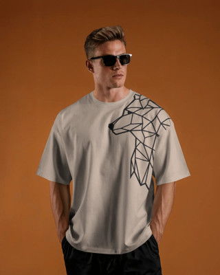 silver moon clothing Geometric Print Men Round Neck Beige T-Shirt