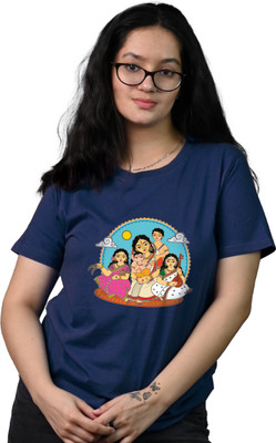 Tedhi Medhi Family Conversational, Printed, Self Design, Graphic Print Women Round Neck Navy Blue T-Shirt