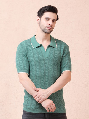 NOQUO Striped, Self Design Men Polo Neck Green T-Shirt