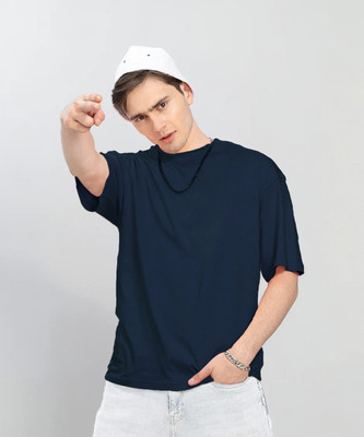BEING WANTED Solid Men Round Neck Dark Blue T-Shirt