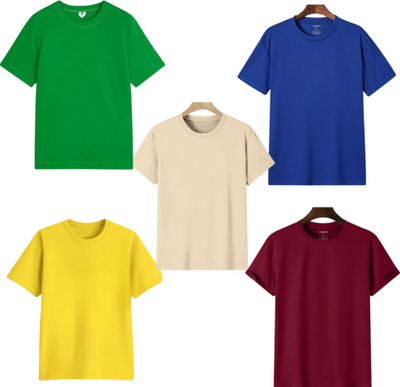 TTFE Solid Men Round Neck Maroon, Beige, Yellow, Dark Blue, Light Green T-Shirt