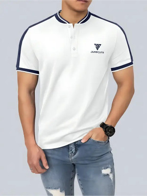 Jump Cuts Colorblock Men High Neck White T-Shirt