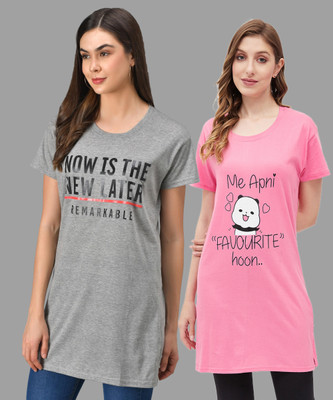 Christy World Printed Women Round Neck Grey, Pink T-Shirt