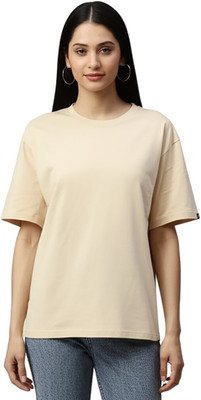 MOJILO Solid Women Round Neck Reversible Beige T-Shirt