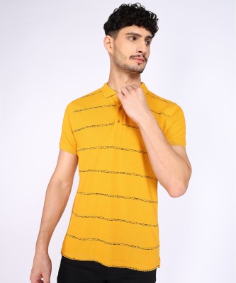 BEING HUMAN Striped Men Polo Neck Yellow T-Shirt