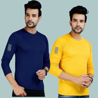 FICKA Solid Men Round Neck Blue, Yellow T-Shirt