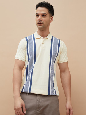 CODE by Lifestyle Striped Men Polo Neck Beige T-Shirt