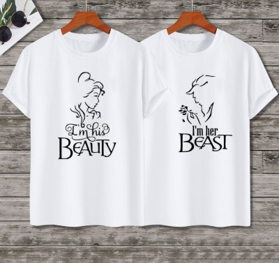 V DAS Printed, Typography Couple Round Neck White T-Shirt