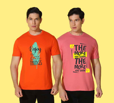 WOOSTRO Printed, Solid Men Round Neck Multicolor, Orange, Pink T-Shirt