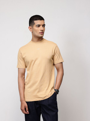 ether Solid Men Round Neck Beige T-Shirt