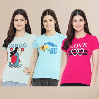 METRONAUT Printed Women Round Neck Pink, Light Blue T-Shirt