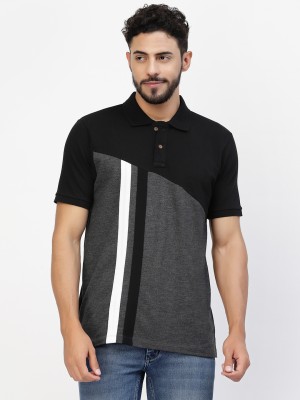 KALT Colorblock, Striped Men Polo Neck Grey T-Shirt