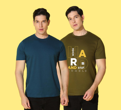 WOOSTRO Printed, Solid Men Round Neck Blue, Green T-Shirt