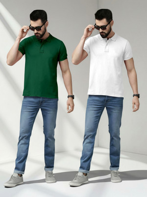 METRONAUT Solid Men Polo Neck Dark Green, White T-Shirt