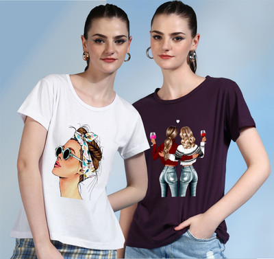 METRONAUT Printed Women Round Neck White, Purple T-Shirt