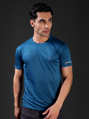 Adrenex Solid Men Round Neck Dark Blue T-Shirt