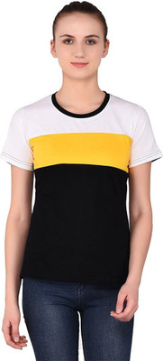 Lawful Casual Colorblock Women Round Neck White, Black, Yellow T-Shirt
